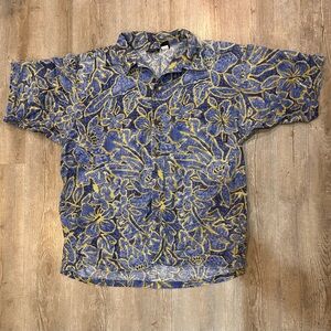 Vintage 90s Patagonia Organic Cotton Blue Yellow Floral Hawaiian Button Up M